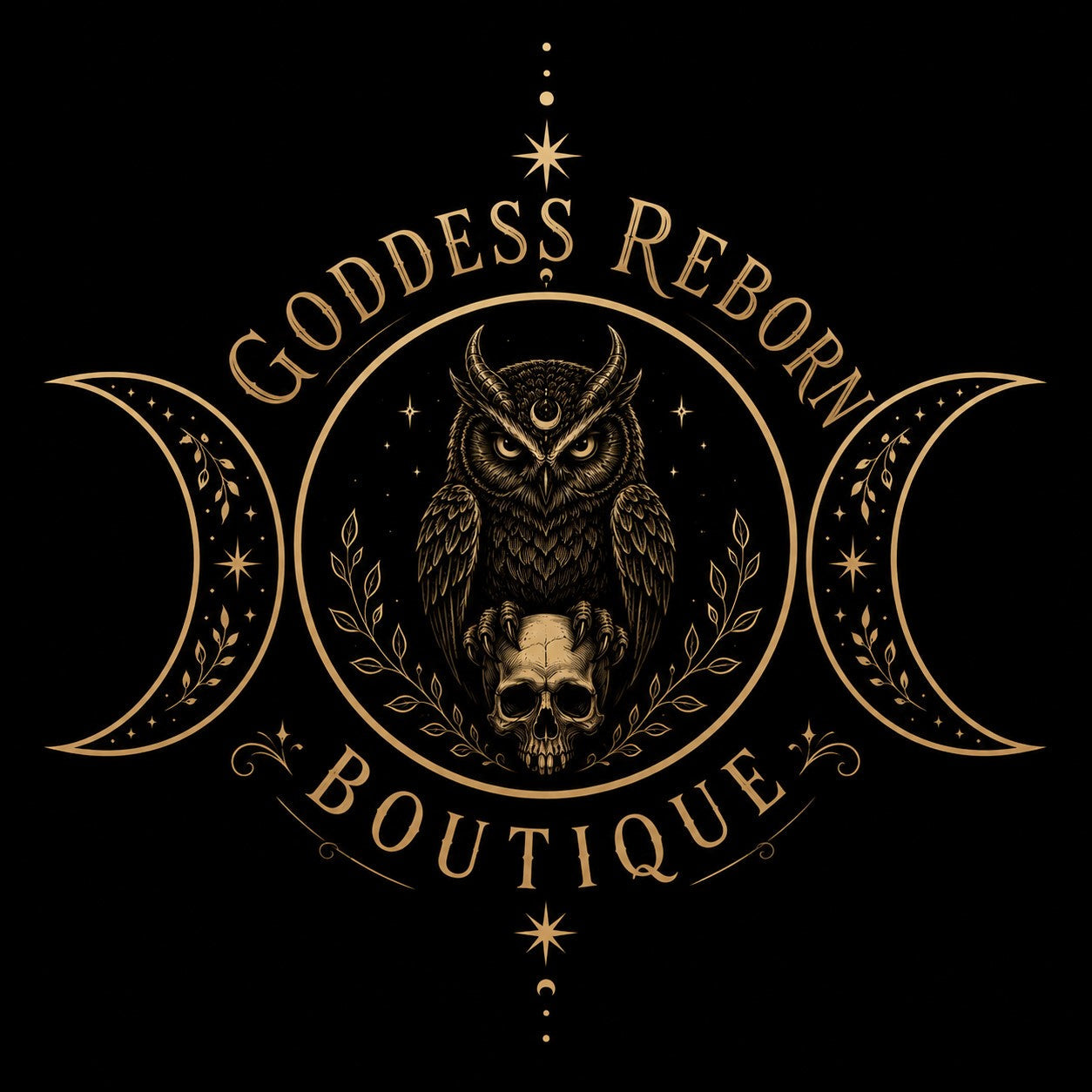A black square graphic featuring a central circular emblem with an owl perched on a skull, flanked by crescent moons and stars. The words 'GODDESS REBORN' appear above the circle and 'BOUTIQUE' below in a gold decorative font.
