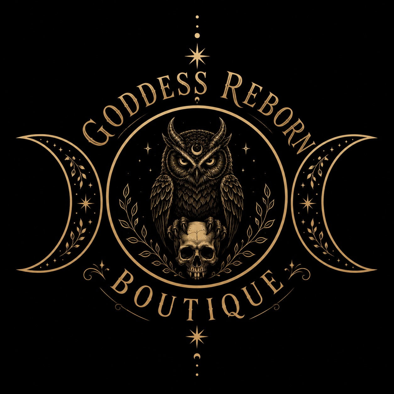 A black square graphic featuring a central circular emblem with an owl perched on a skull, flanked by crescent moons and stars. The words 'GODDESS REBORN' appear above the circle and 'BOUTIQUE' below in a gold decorative font.