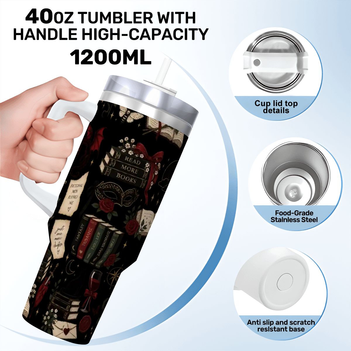 Black Book Theme Coffee Mug with Handle and Straw (40oz)